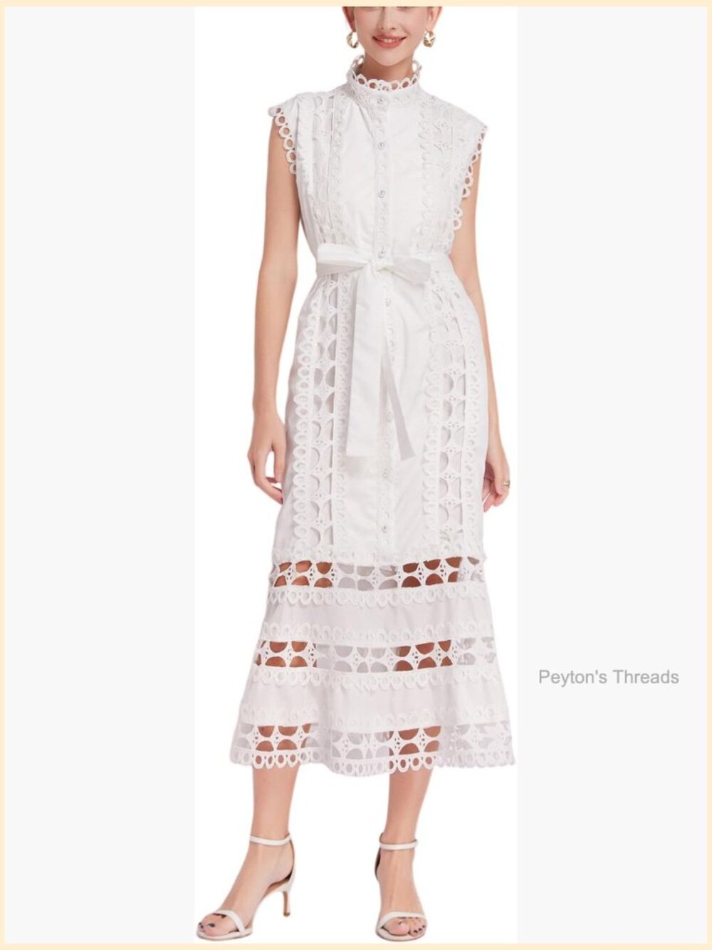 Lace Hollow Out Midi Dress with Belt Sleeveless High Neck